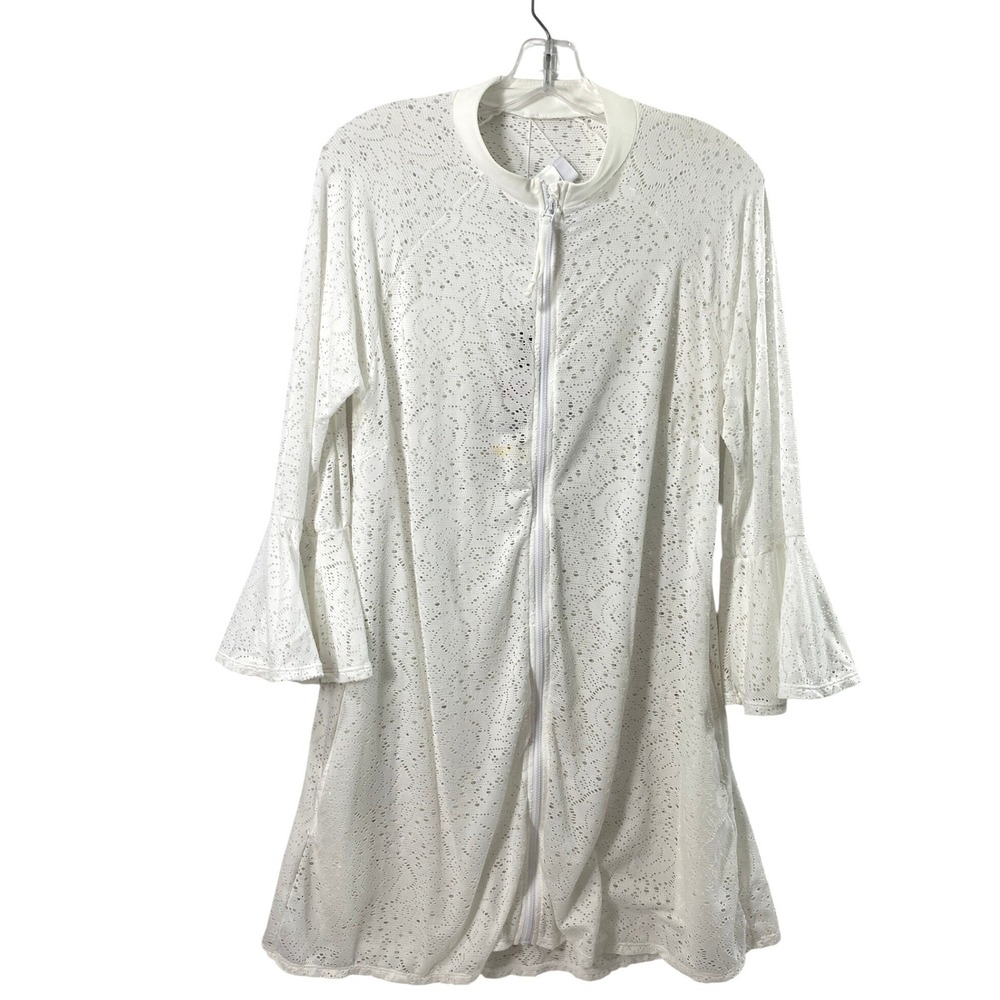 Beach House Swim Cover Up Women M White Eyelet Zip Front Bell Sleeve UPF 50+